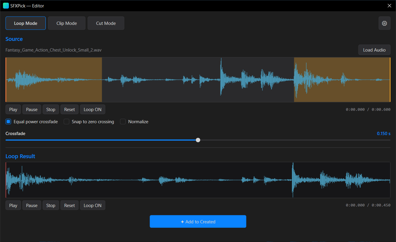 The SFXPick editor in Loop mode: a Source waveform with an orange-shaded crossfade region, options for equal-power crossfade, snap-to-zero and normalize, a crossfade slider, a Loop Result waveform and an Add to Created button