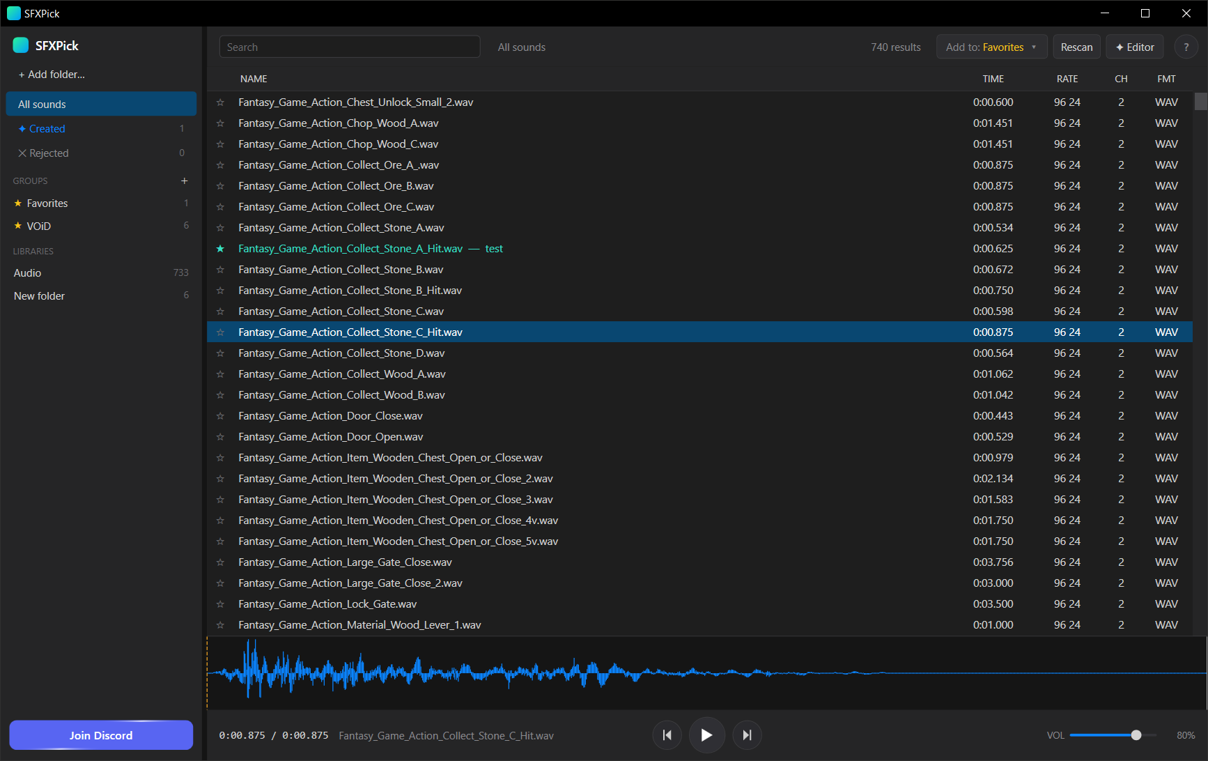 The SFXPick window: a sidebar of libraries on the left, a table of sounds in the middle, and a waveform with transport controls along the bottom