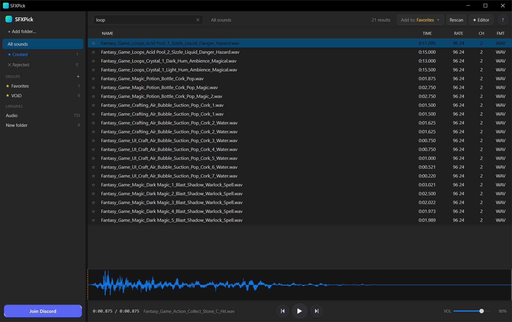 Searching SFXPick for 'loop': the fuzzy matcher surfaces files like Loops, Pop and Craft, narrowing 740 sounds down to 21 results