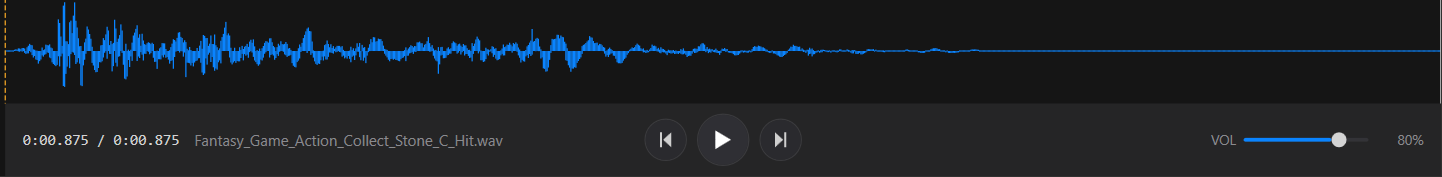 The SFXPick transport: a blue waveform with an orange dashed mark at the left, the time readout, the playing file name, previous/play/next controls and a volume slider at 80%